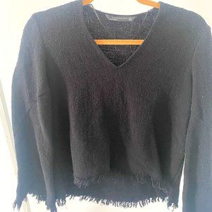 Zara Tweed V Neck with fringe border black